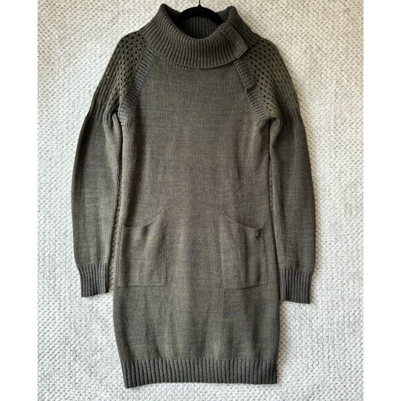 Prana Sweater Dress Women M Green Archer Pockets Snap Buttons Mock Neck - Picture 1 of 14